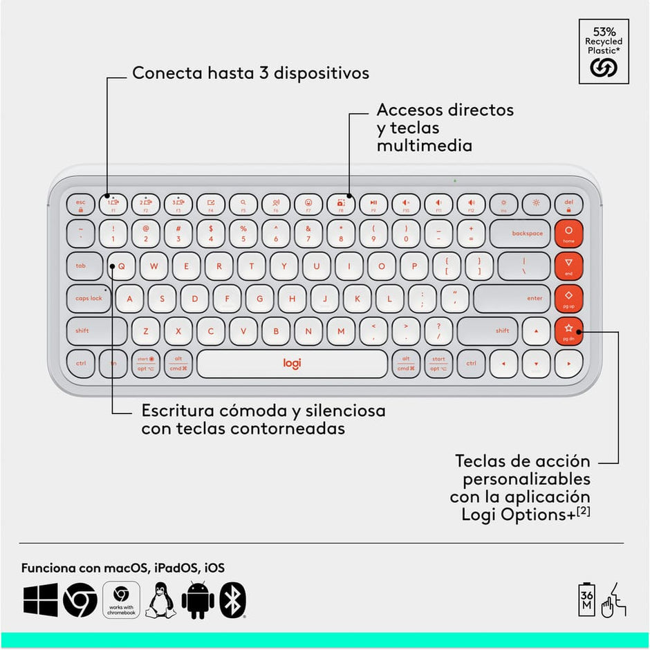 Combo Teclado Y Mouse Bluetooth, Logitech Pop Icon, Blanco