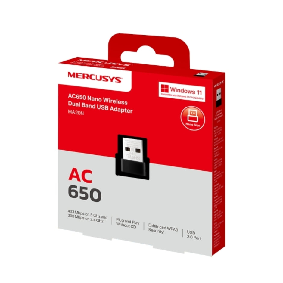 Adaptador Mercusys MA20N, USB Wi-Fi Dual Band AC650 Nano