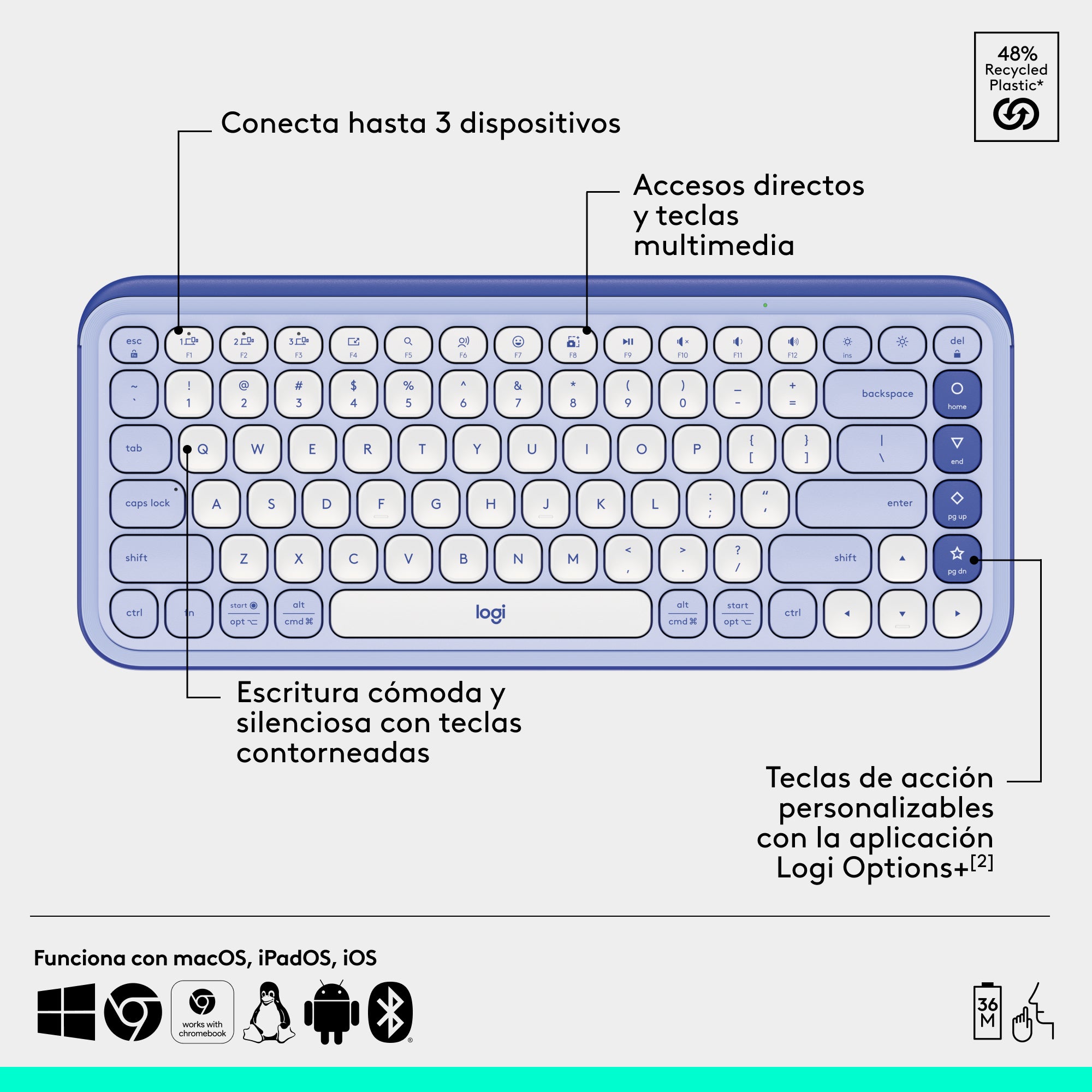 Combo Teclado Y Mouse Bluetooth, Logitech Pop Icon, Lila