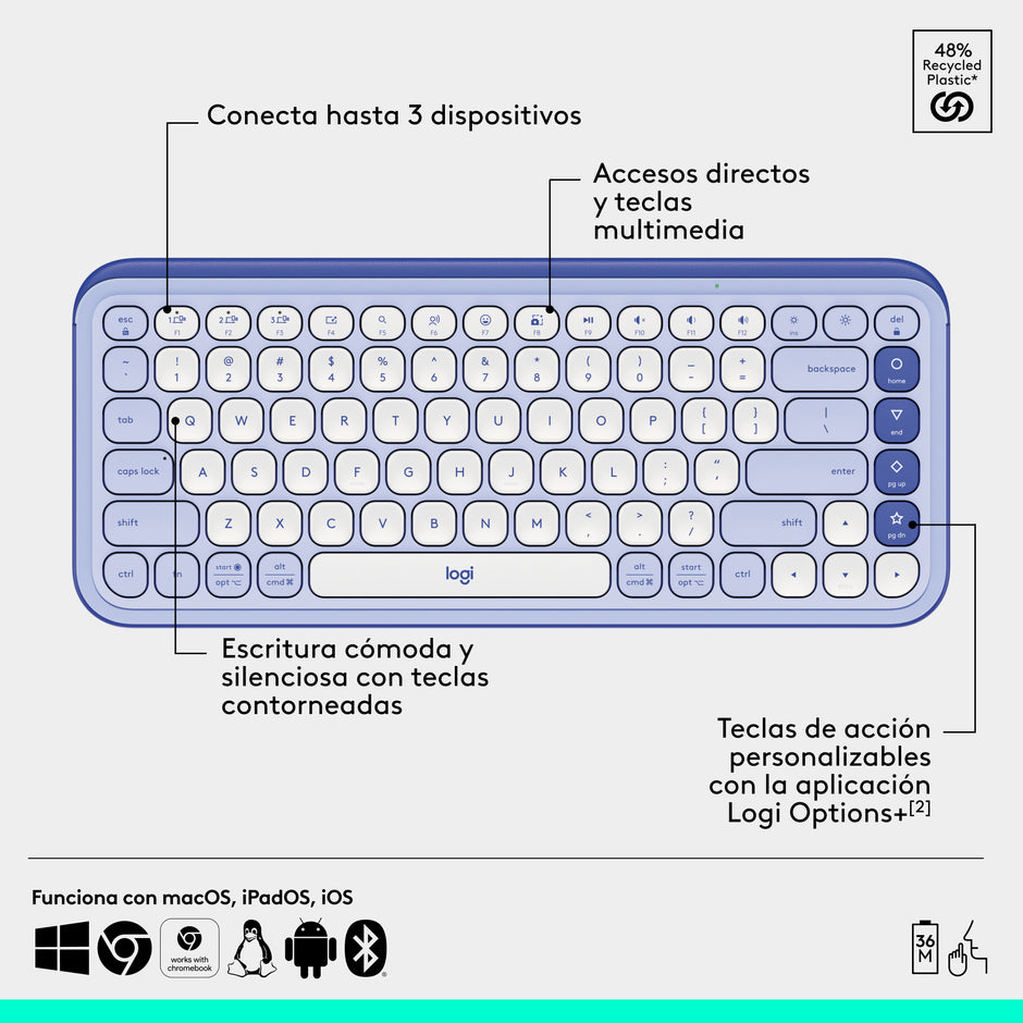 Combo Teclado Y Mouse Bluetooth, Logitech Pop Icon, Lila