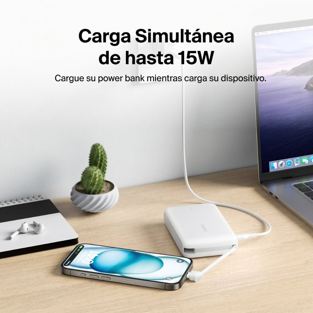 Batería Portátil Power Bank Belkin BoostCharge 10000mAh 20W Power Delivery Cable USB-C Integrado - Blanco