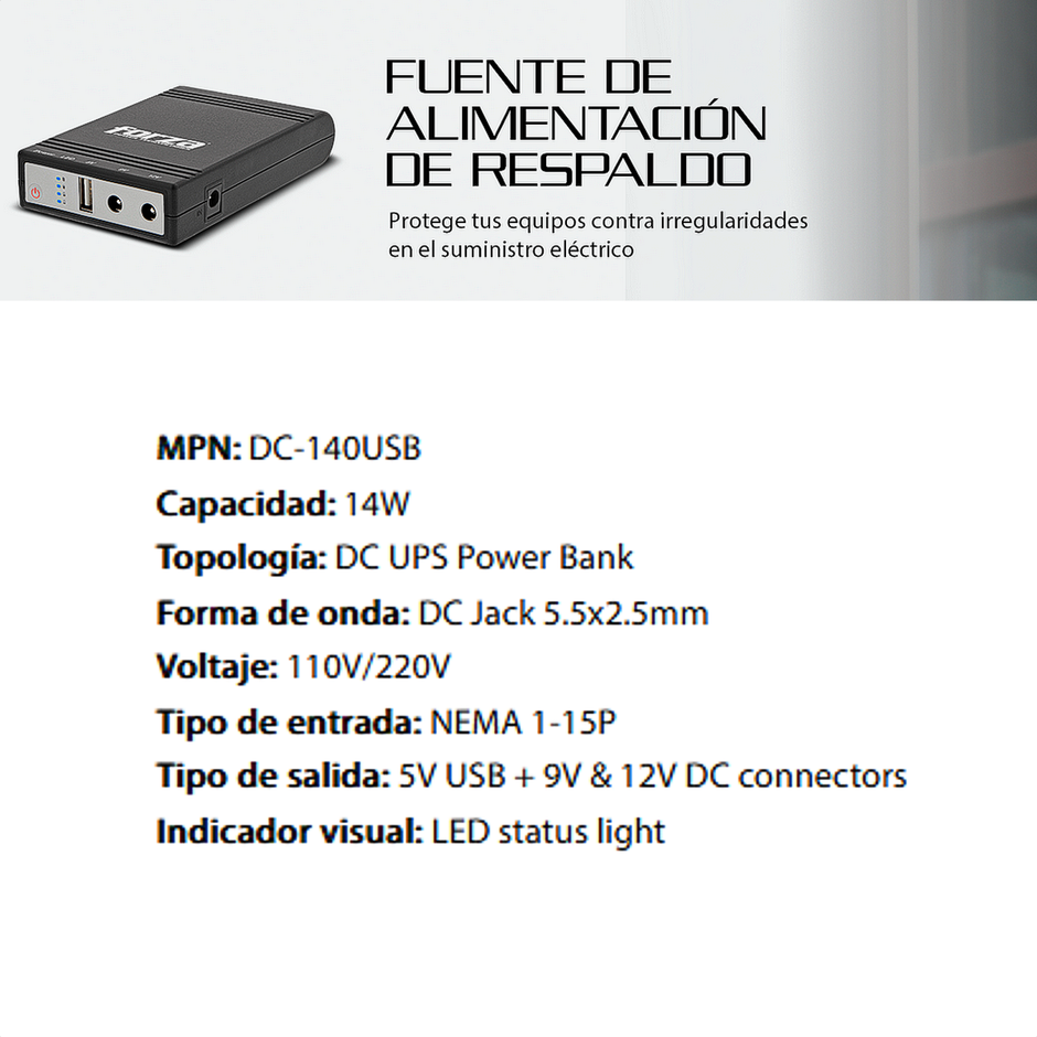Mini UPS Portátil 14W Forza DC-140USB para Modem Router Wi-Fi
