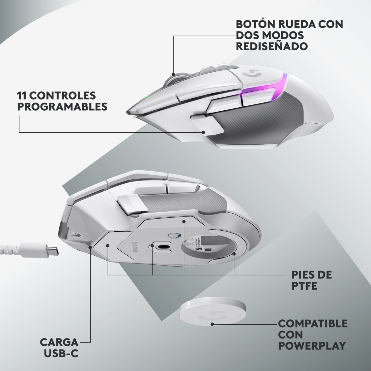 Mouse Gamer Inalámbrico Logitech G502 X PLUS RGB HERO 25K DPI 13 Botones - Blanco