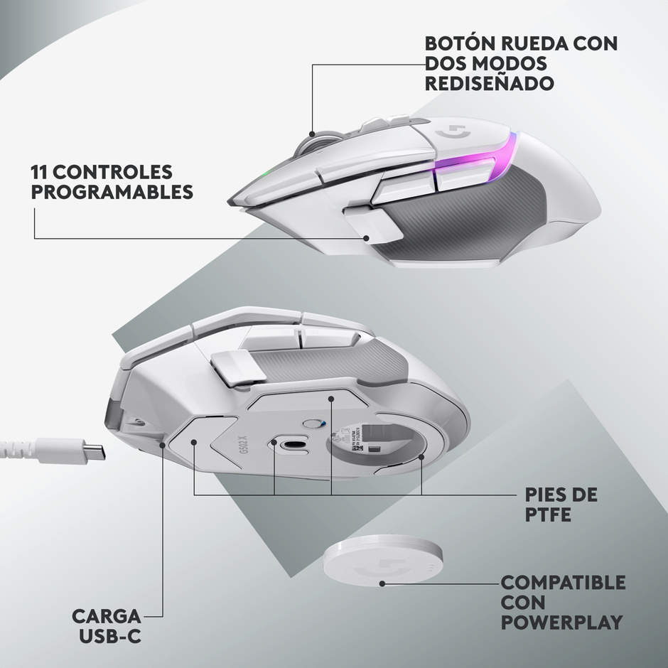 Mouse Gamer Inalámbrico Logitech G502 X PLUS RGB HERO 25K DPI 13 Botones - Blanco