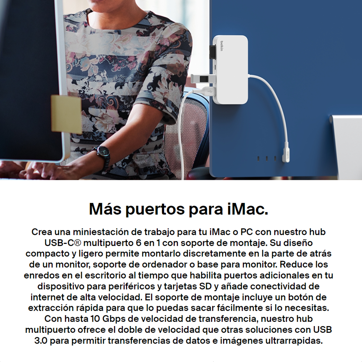 Hub USB-C Belkin INC011btWH 6 en 1 con Ethernet Gigabit, SD, microSD y USB 10Gbps Blanco