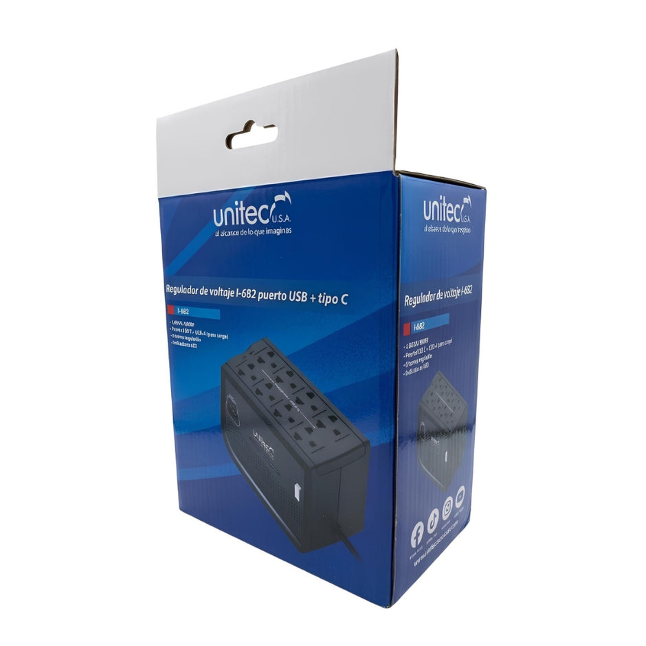 Regulador de Voltaje Automático Unitec I-682 1600VA/800W con 8 Tomas + USB y USB-C