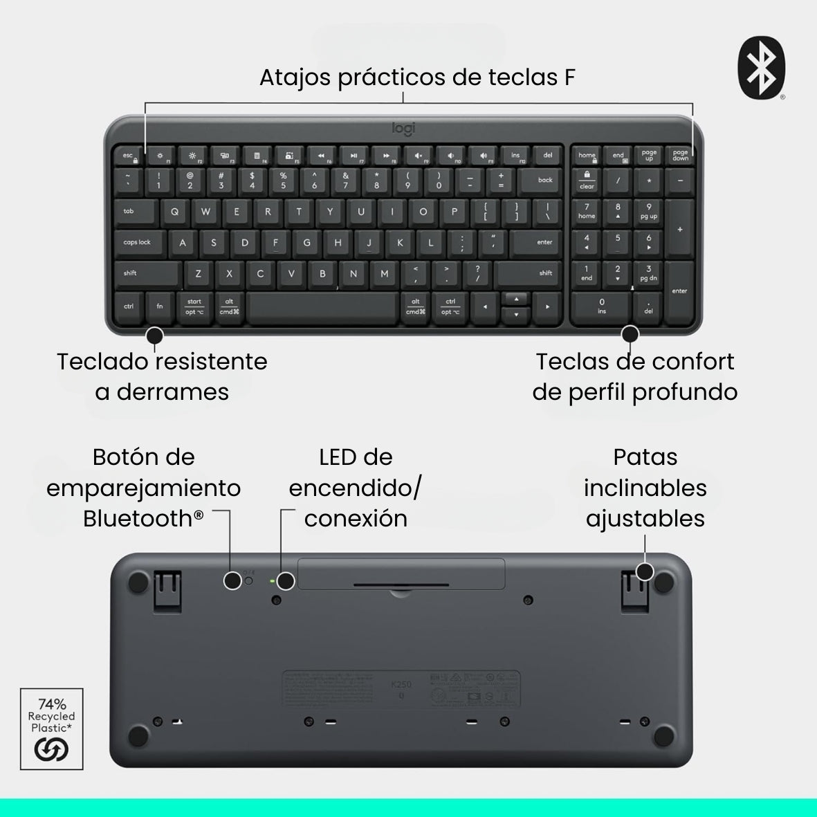Teclado Bluetooth Inalámbrico Logitech K250 Compacto, Blanco
