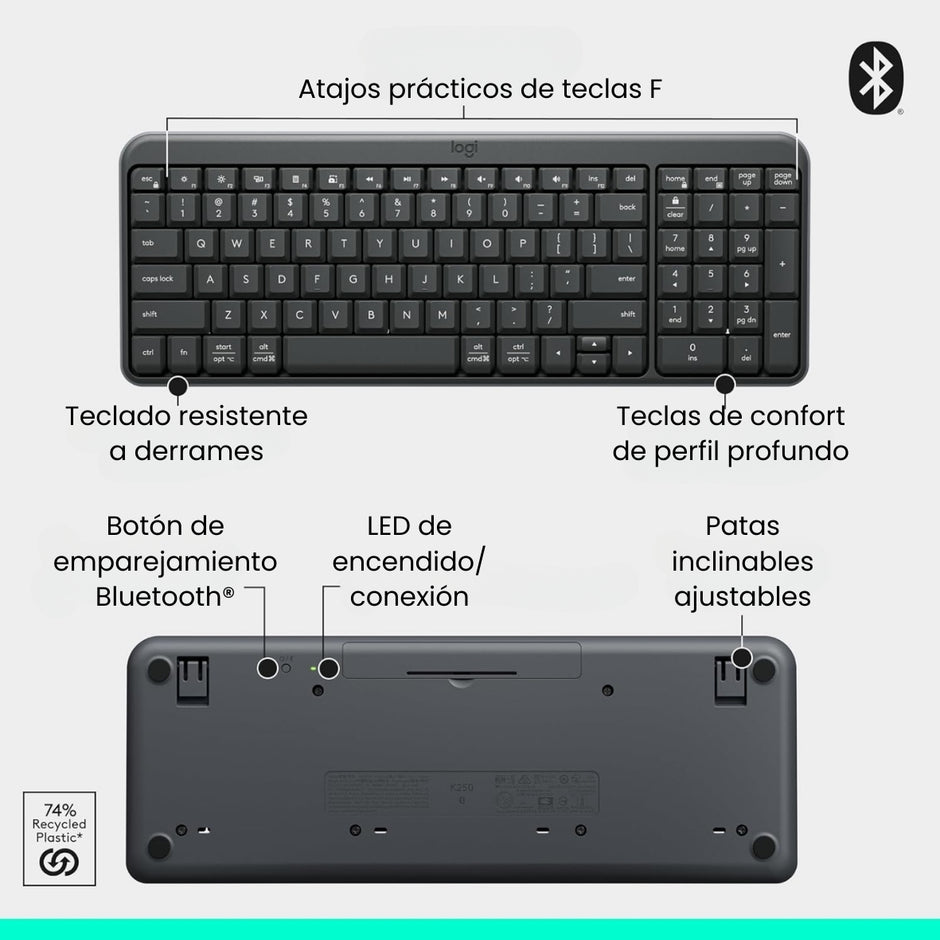 Teclado Bluetooth Inalámbrico Logitech K250 Compacto, Blanco