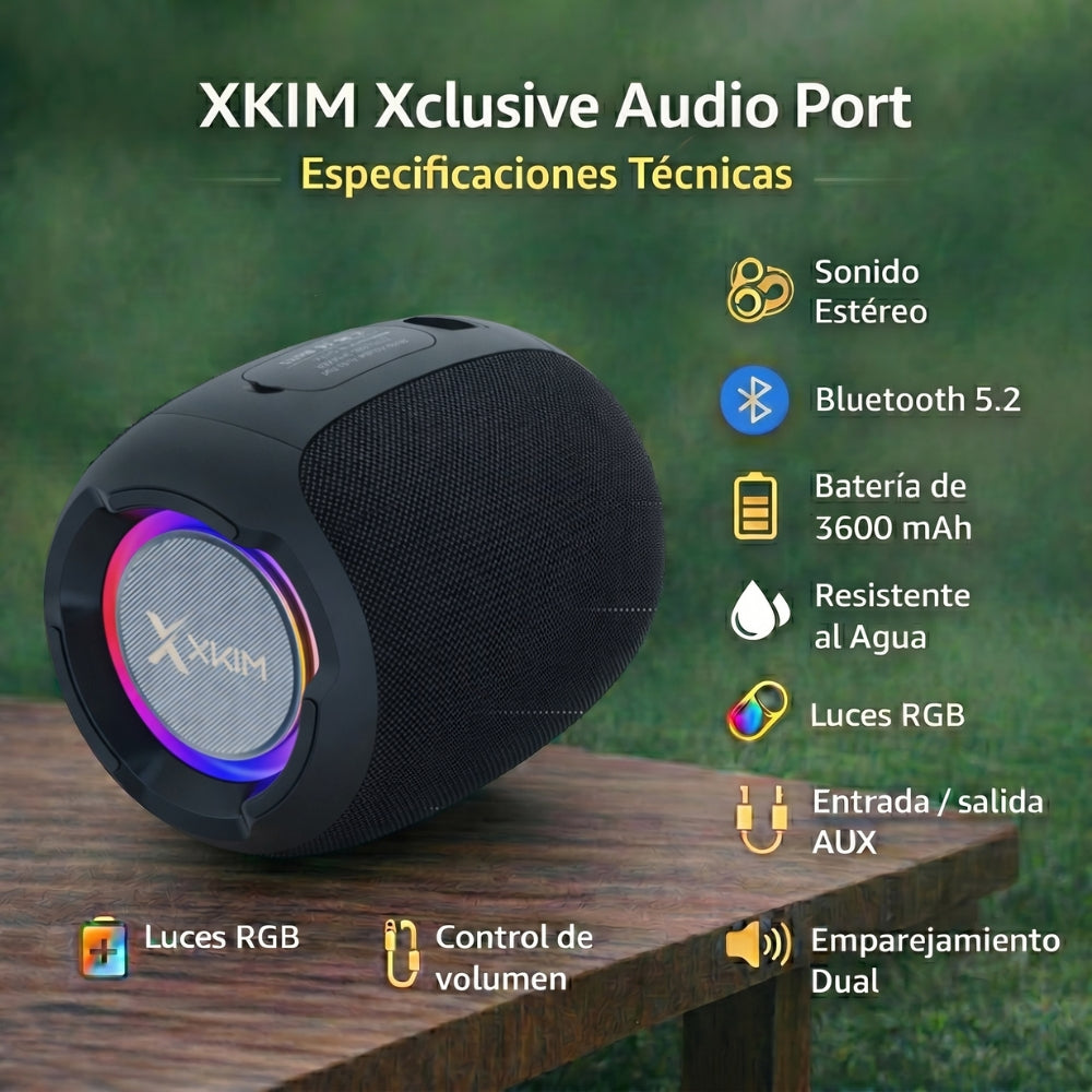 Parlante Bluetooth Portátil X-KIM XCLUSIVE AUDIO PORT TWS 10W Luces RGB MicroSD/USB/AUX/FM 3600mAh IPX5