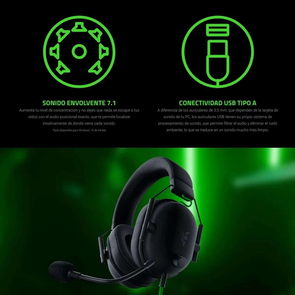 Audífonos Gamer Razer BlackShark V2 X USB Sonido 7.1 Micrófono con Cancelación de Ruido