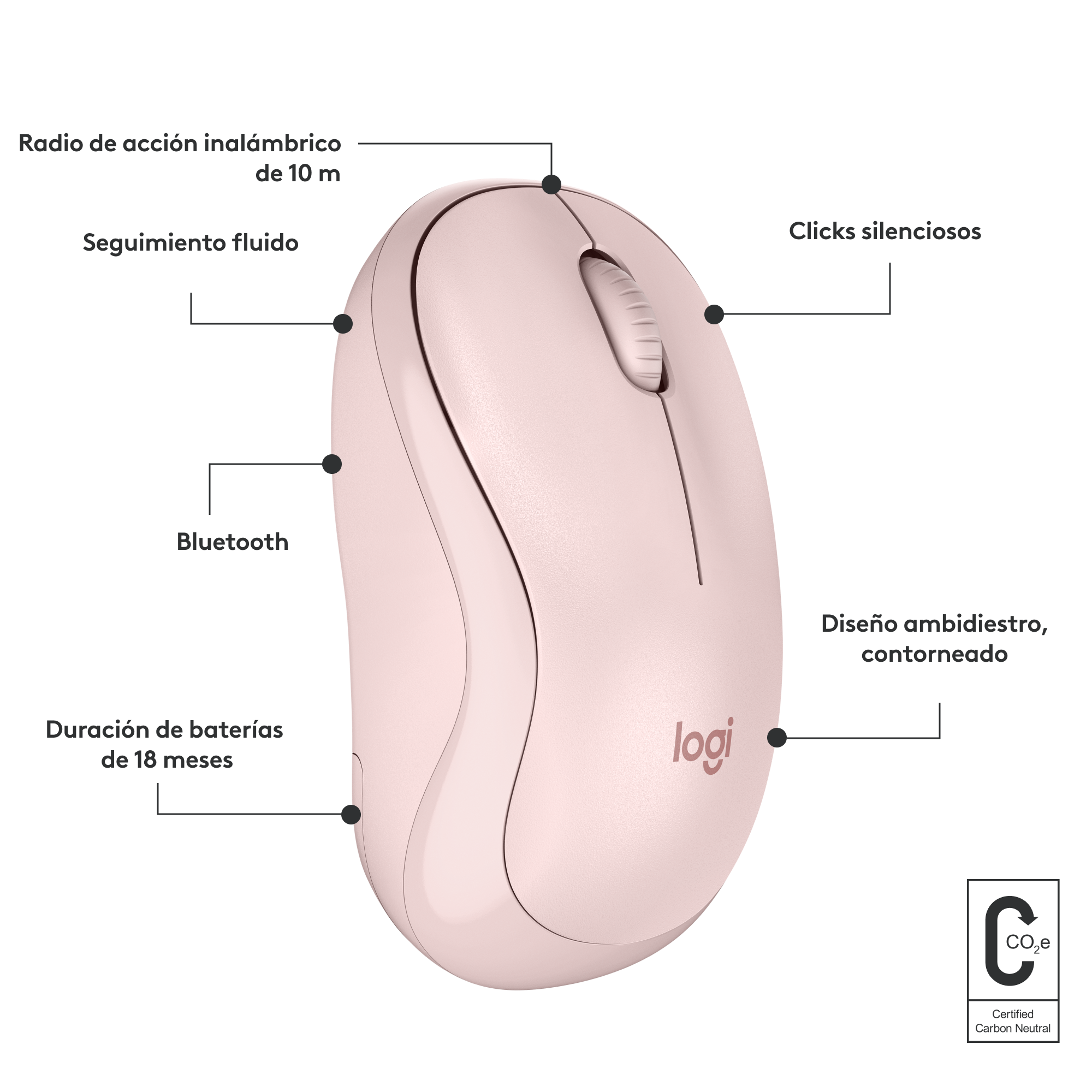 Logitech M240 Silent Ratón Bluetooth Inalámbrico 90% Más Silencioso Compacto y Cómodo - Rosa