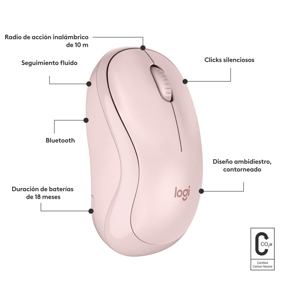 Logitech M240 Silent Ratón Bluetooth Inalámbrico 90% Más Silencioso Compacto y Cómodo - Rosa