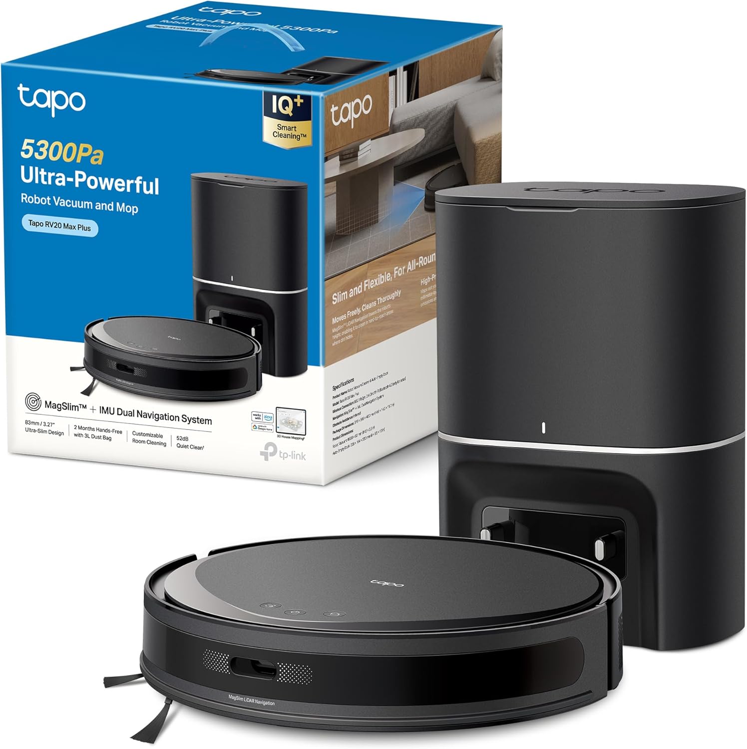 Aspiradora Robot TP-Link Tapo RV20 Max Plus 5300Pa Trapeadora Base Autovaciado 3L Navegación MagSlim LiDAR