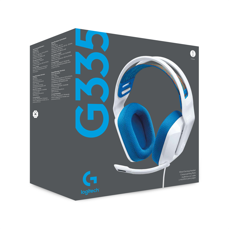 Diadema Gamer Alámbrica Logitech G335 Micrófono Flip to Mute Plug 3.5mm PC PS5 Xbox Switch - Blanco