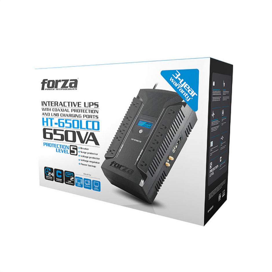 UPS Interactiva Forza HT-650LCD de 650VA/390W con 12 Tomas + 2 USB