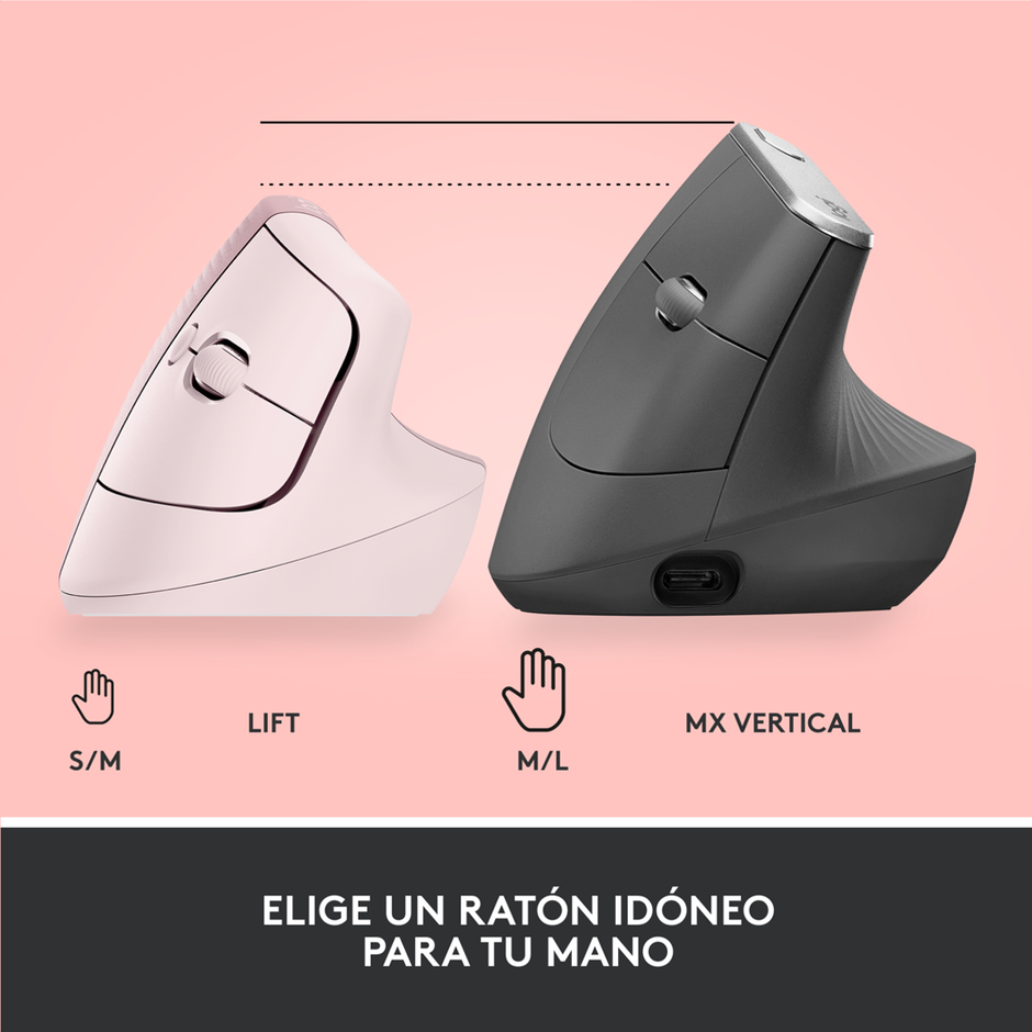 Mouse Ergonómico Vertical Logitech Lift, Inalámbrico para Manos Pequeñas y Medianas, Rosa