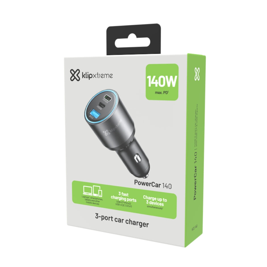 Cargador De Carro KlipXtreme PowerCar KCC-140, 3 Puertos (2 USB-C, 1 USB-A), 140W, Negro