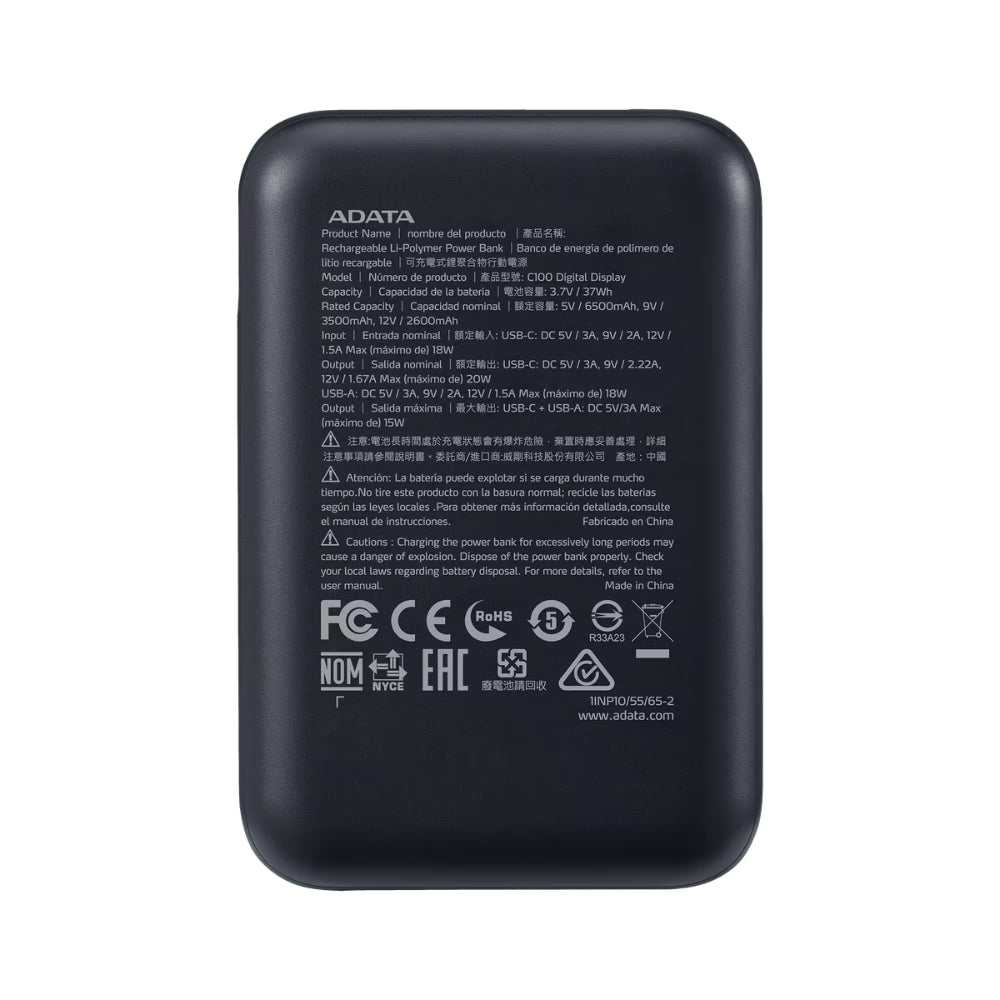 Power Bank Adata C100 Patalla Digital 10000mah 20W USB-C/USB-A y Carga Rápida QC/PD - Negro