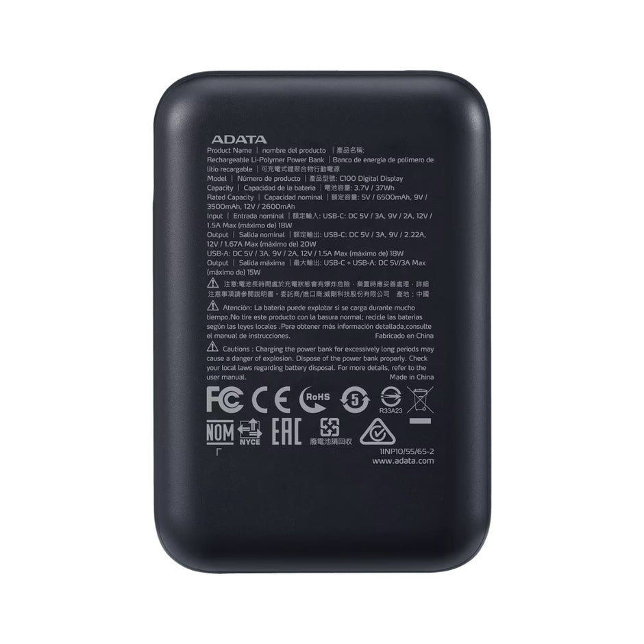 Power Bank Adata C100 Patalla Digital 10000mah 20W USB-C/USB-A y Carga Rápida QC/PD - Negro