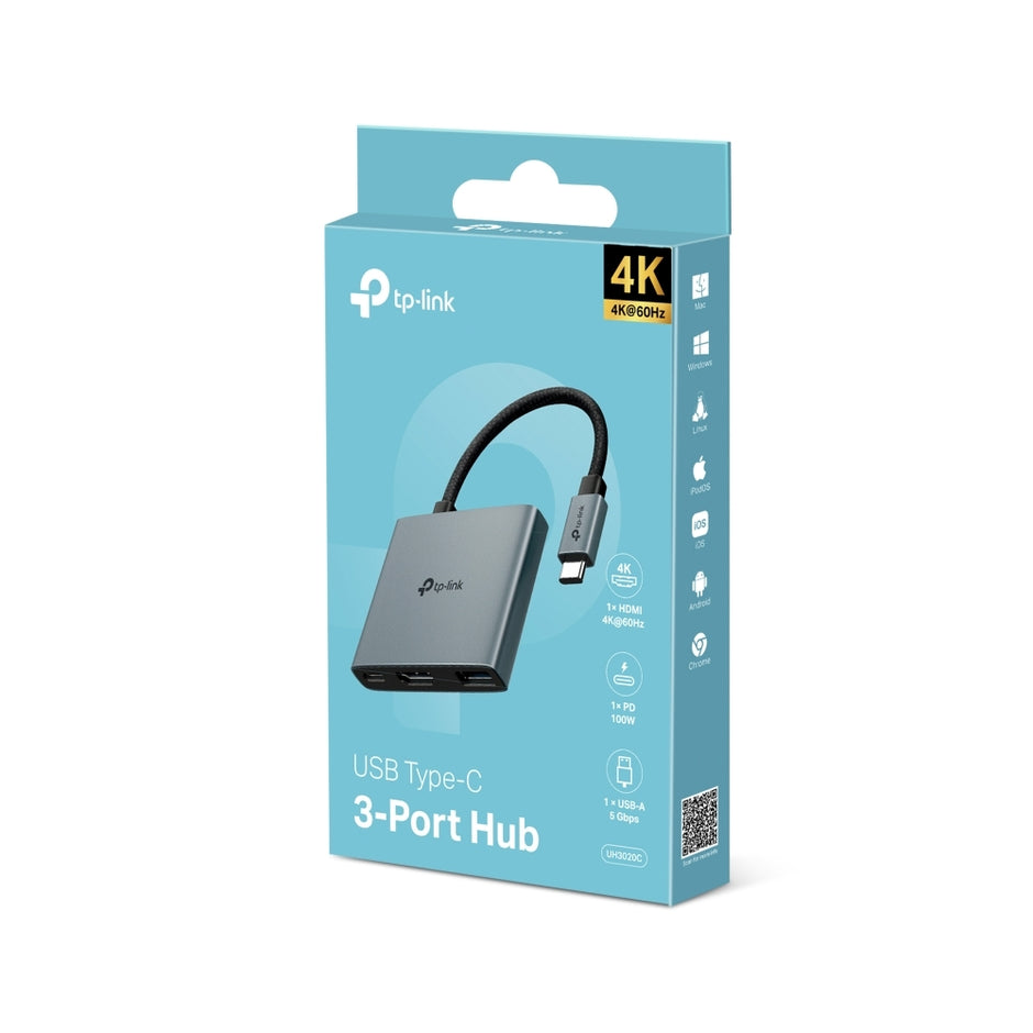 Hub USB-C TP-Link UH3020C 3 en 1 con HDMI 4K, 2x USB 3.0, USB-C PD 100W y Conexión LAN Para Laptop y PC