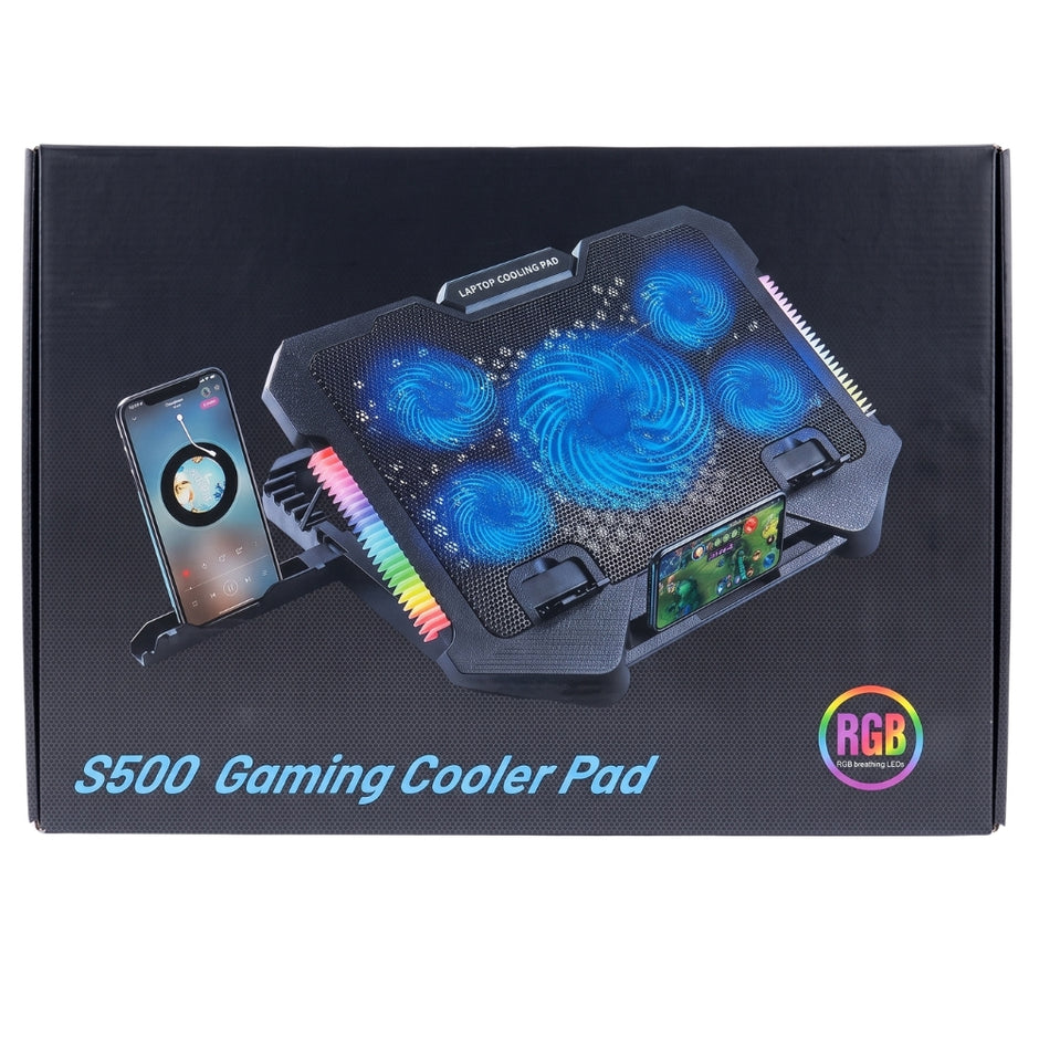 Base Refrigerante Pro Gaming S500 con 5 Ventiladores RGB, Soporte Celular y 2 Puertos USB