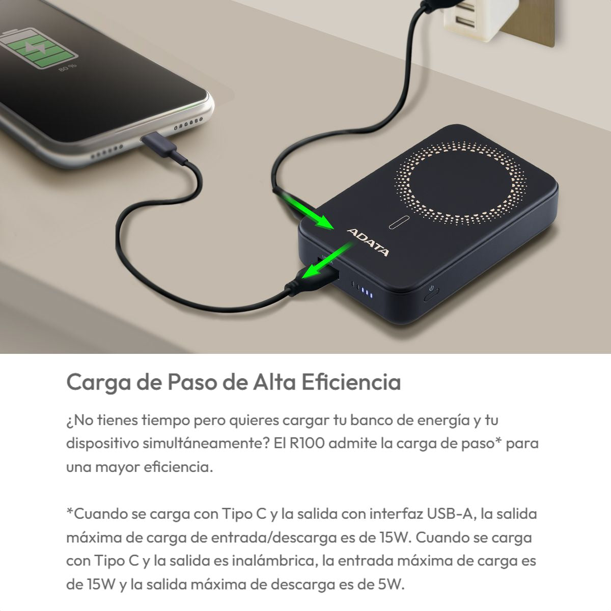 Power Bank ADATA R100 10000mAh Magnético con Carga Inalámbrica Qi y 20W USB-C PD para iPhone y Android