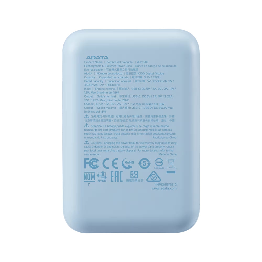 Power Bank Adata C100 Patalla Digital 10000mah 20W USB-C/USB-A y Carga Rápida QC/PD - Azul