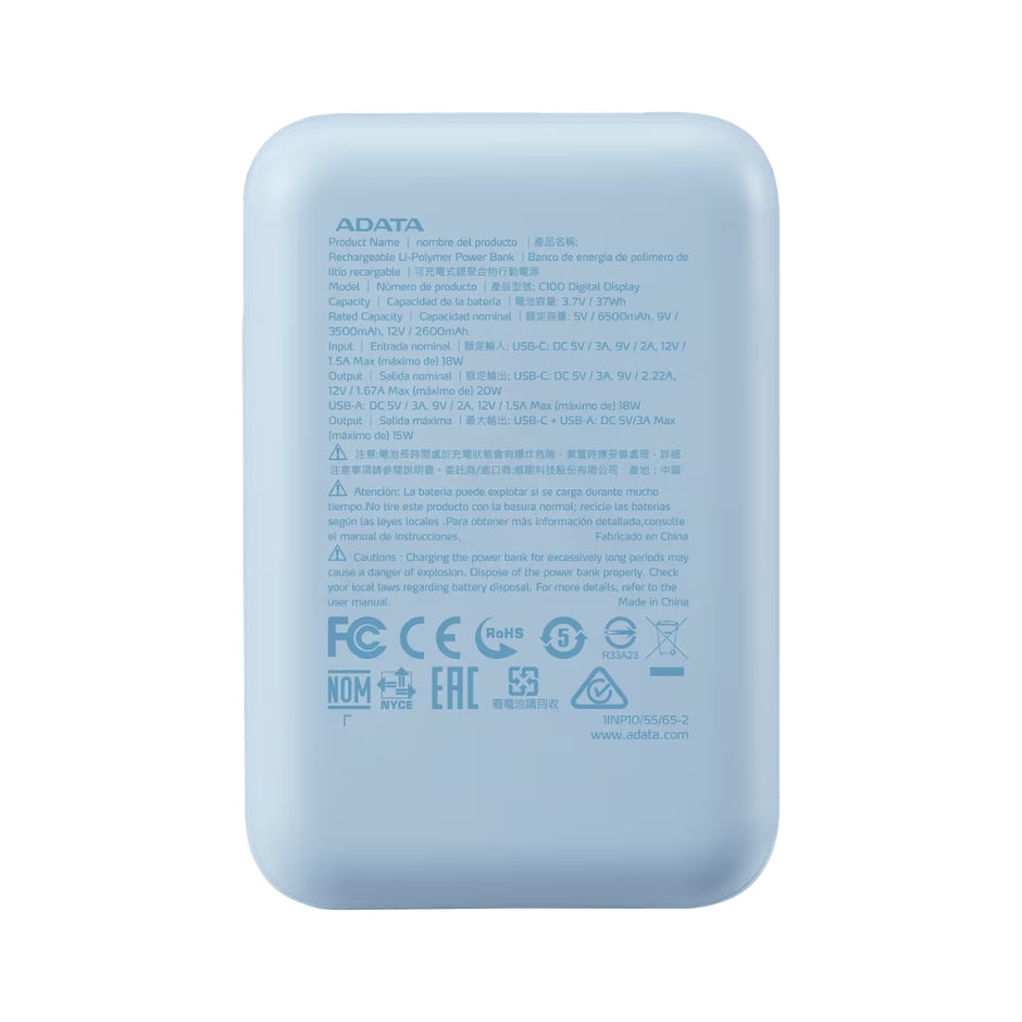 Power Bank Adata C100 Patalla Digital 10000mah 20W USB-C/USB-A y Carga Rápida QC/PD - Azul