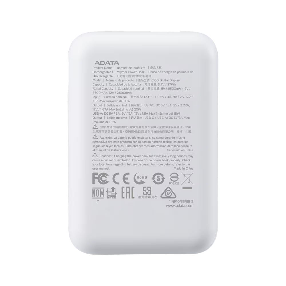 Power Bank Adata C100 Patalla Digital 10000mah 20W USB-C/USB-A y Carga Rápida QC/PD - Blanco