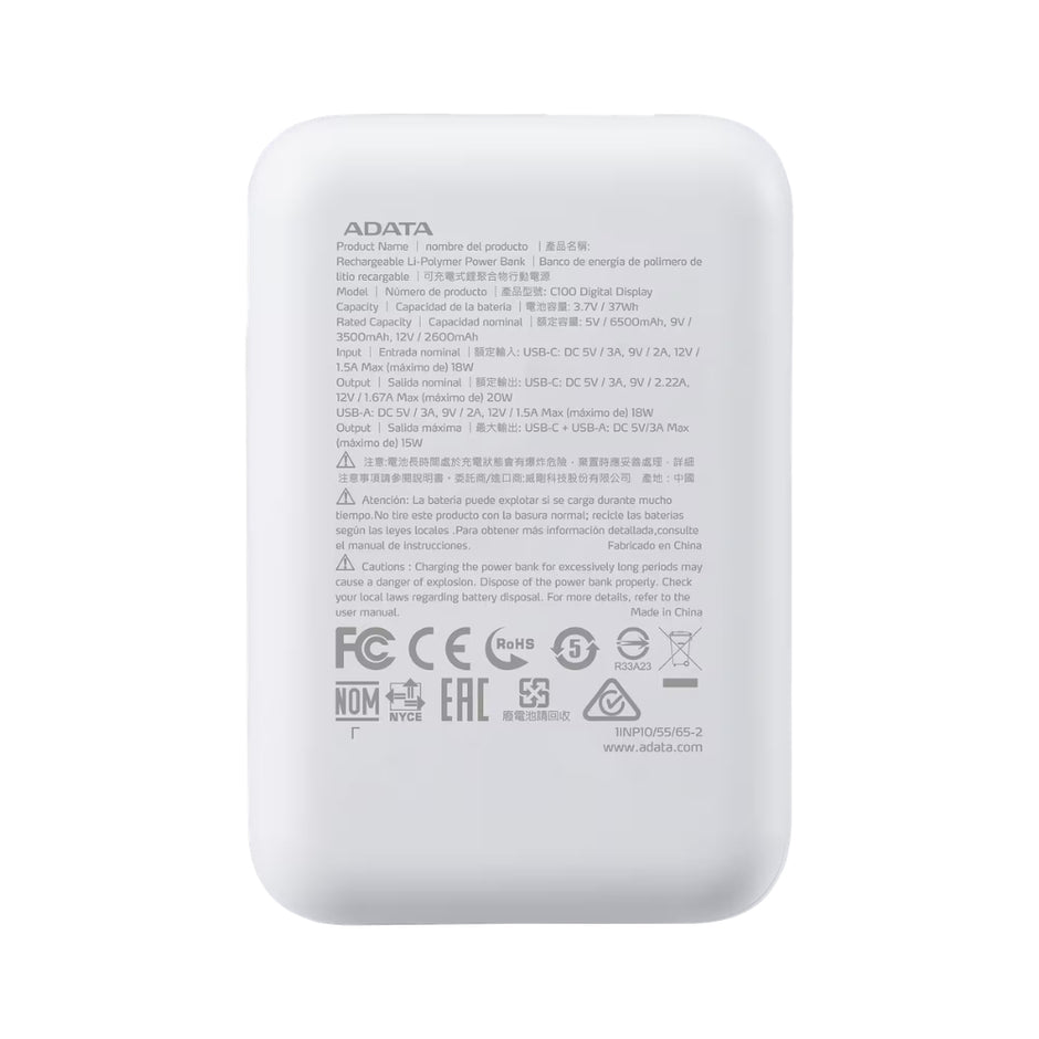 Power Bank Adata C100 Patalla Digital 10000mah 20W USB-C/USB-A y Carga Rápida QC/PD - Blanco