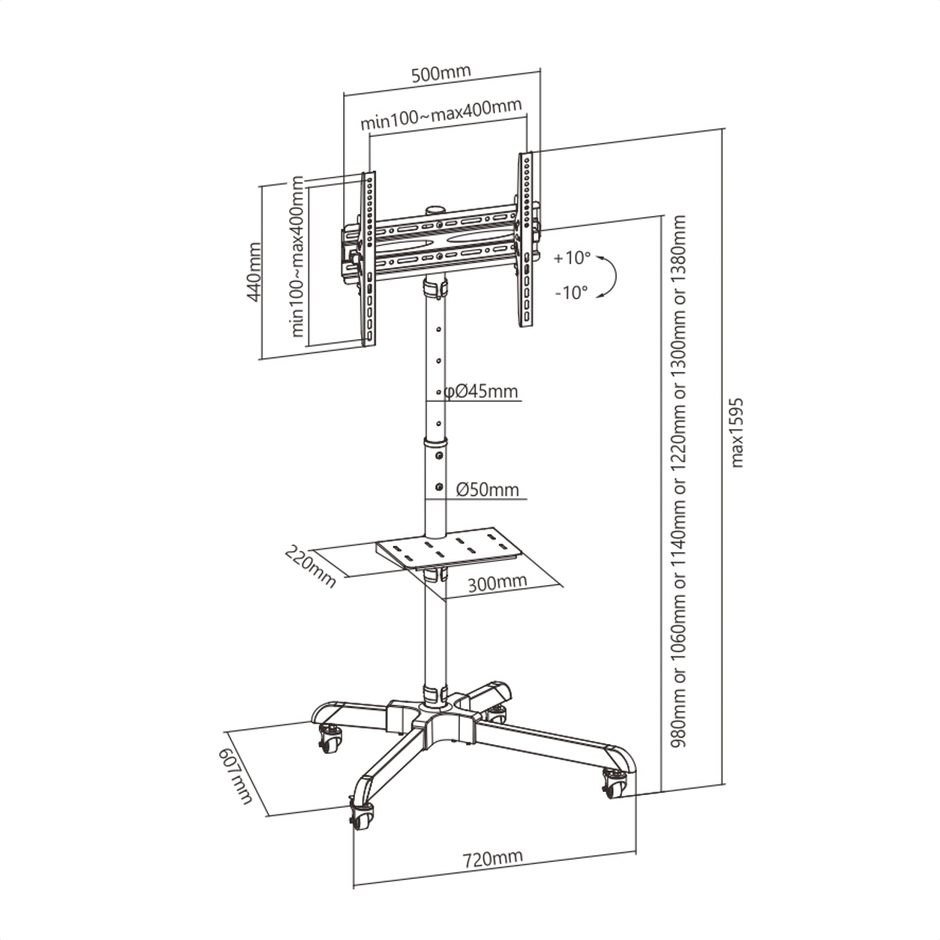 Soporte Móvil con Ruedas para TV de 32'' a 55'' TechGo SPR-6403 hasta 35kg + 1 Repisa