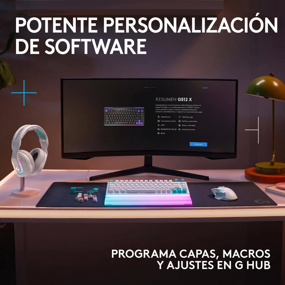 Teclado Gamer Mecanico Logitech G512 X 75 Switch Tactil + Reposamuñecas Logitech Palm Rest - Blanco