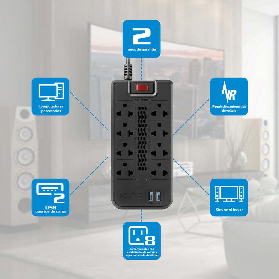 Regulador de Voltaje Automático Forza FVR-1221USB de 1200VA con 8 Tomas + 2 USB