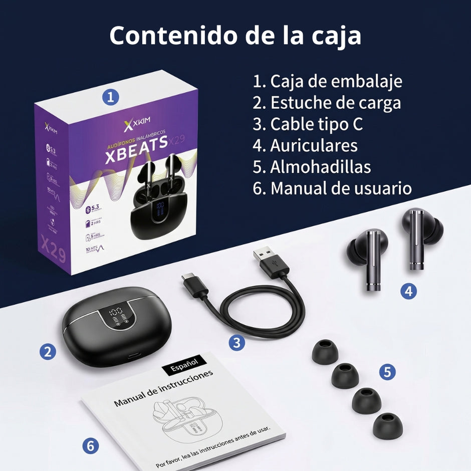 Audífonos In-Ear Inalámbricos X-KIM Xbeats X29 TWS Bluetooth 5.3 Estuche Carga IPX5 Control Táctil Micrófono