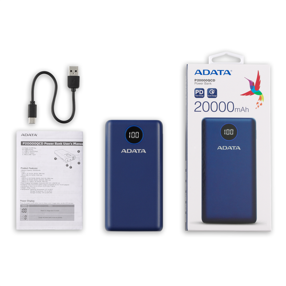 Batería Externa ADATA P20000QCD Power Bank 20000mAh Carga Rápida QC/PD, Azul