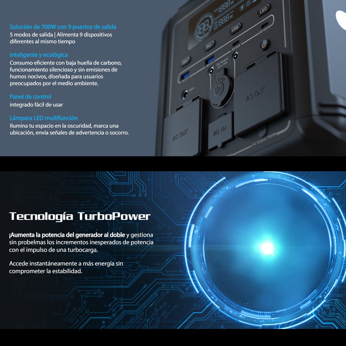 Generador Eléctrico Portátil Forza Titan FPP-T700 700W con Batería LMFP, Carga Rápida y Compatibilidad Solar