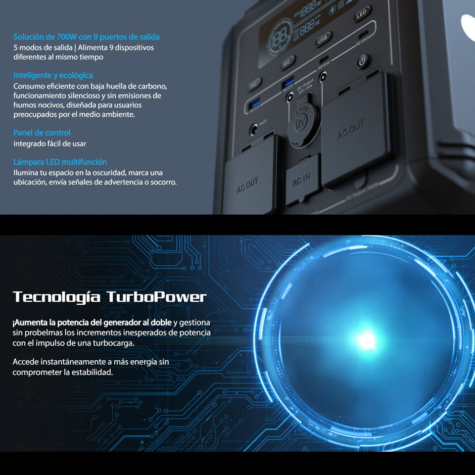 Generador Eléctrico Portátil Forza Titan FPP-T700 700W con Batería LMFP, Carga Rápida y Compatibilidad Solar