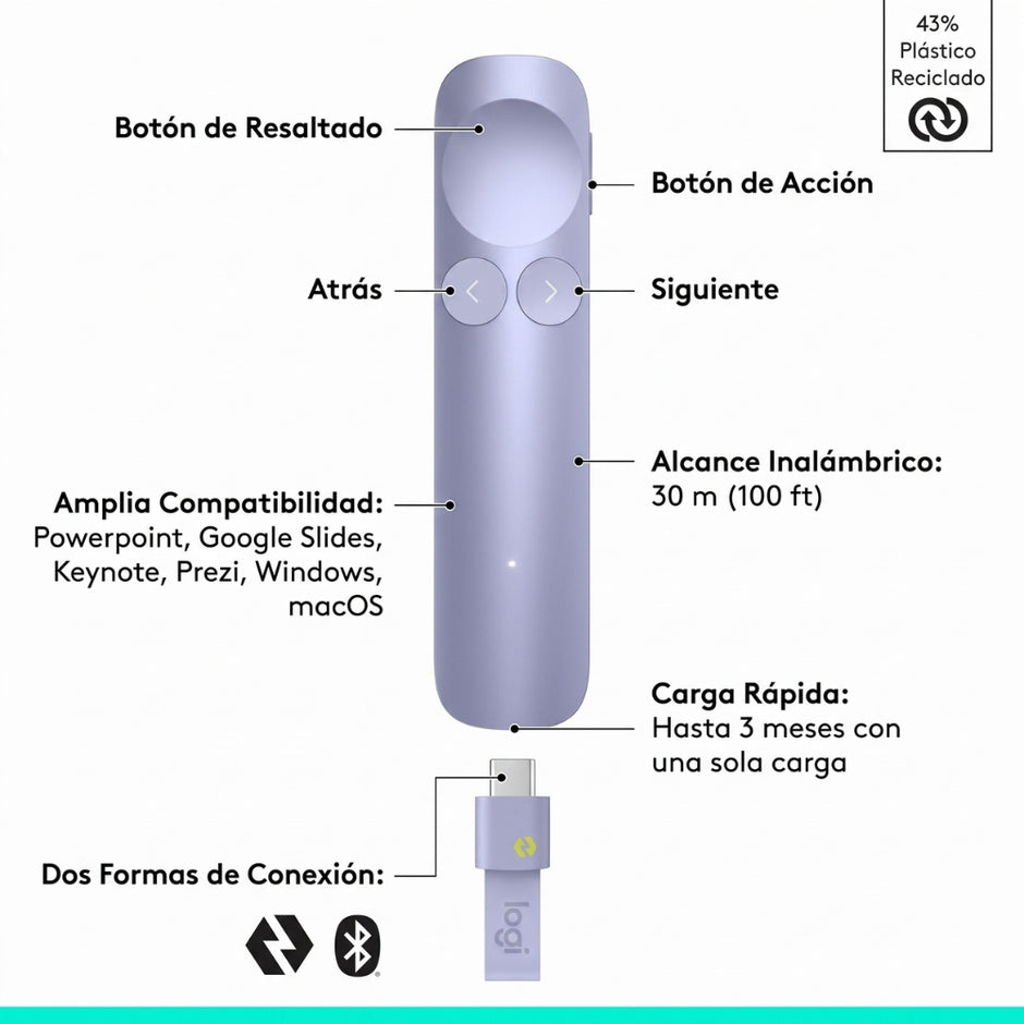 Presentador Inalambrico Logitech Spotlight 2 BT, USB-C - Lila