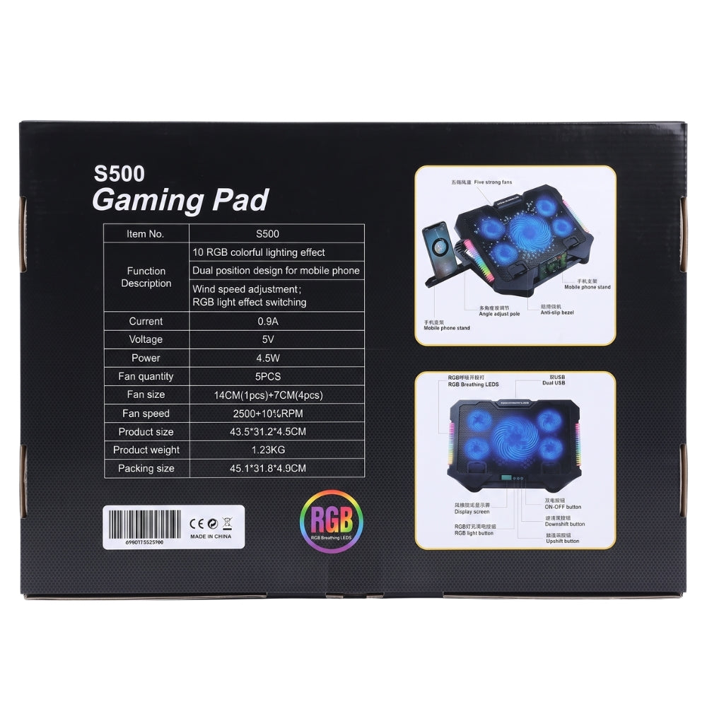 Base Refrigerante Pro Gaming S500 con 5 Ventiladores RGB, Soporte Celular y 2 Puertos USB