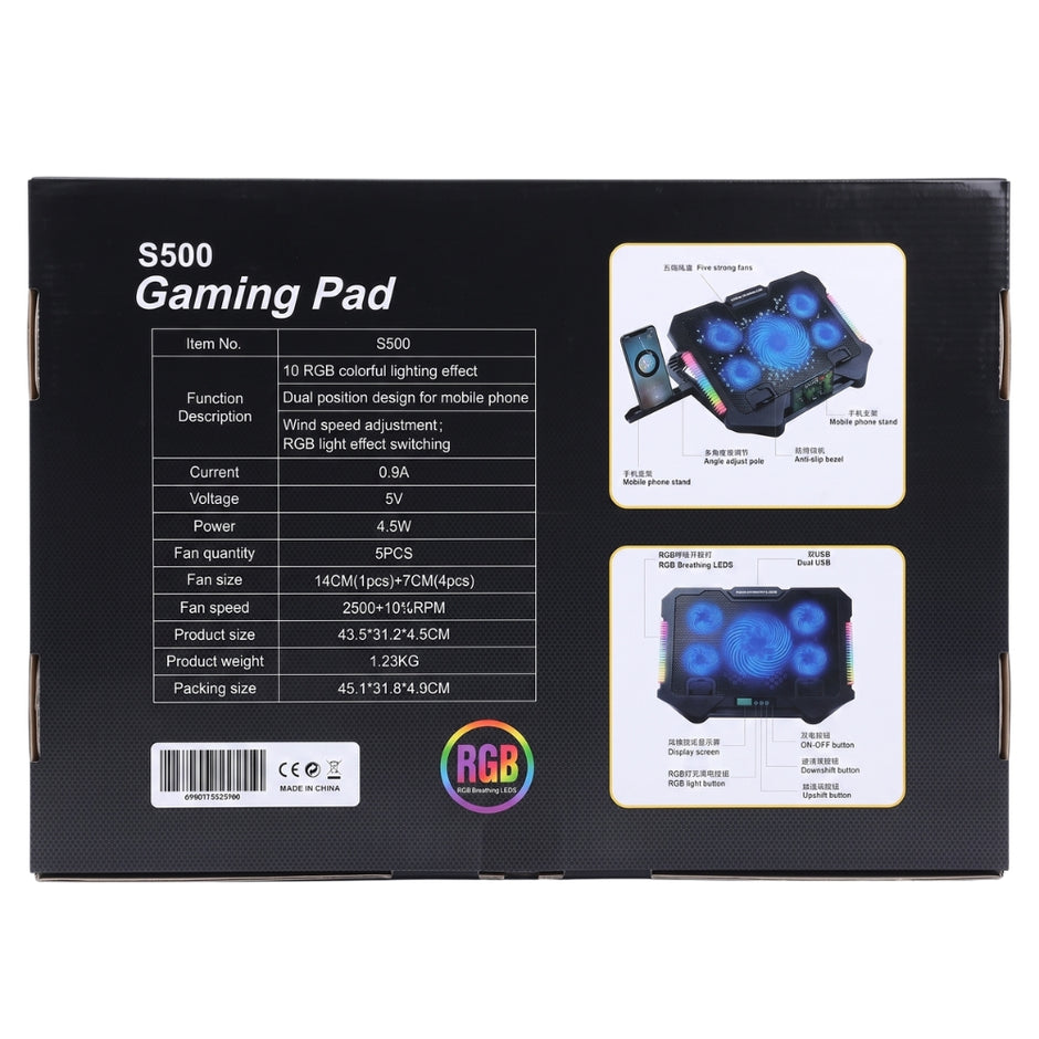 Base Refrigerante Pro Gaming S500 con 5 Ventiladores RGB, Soporte Celular y 2 Puertos USB