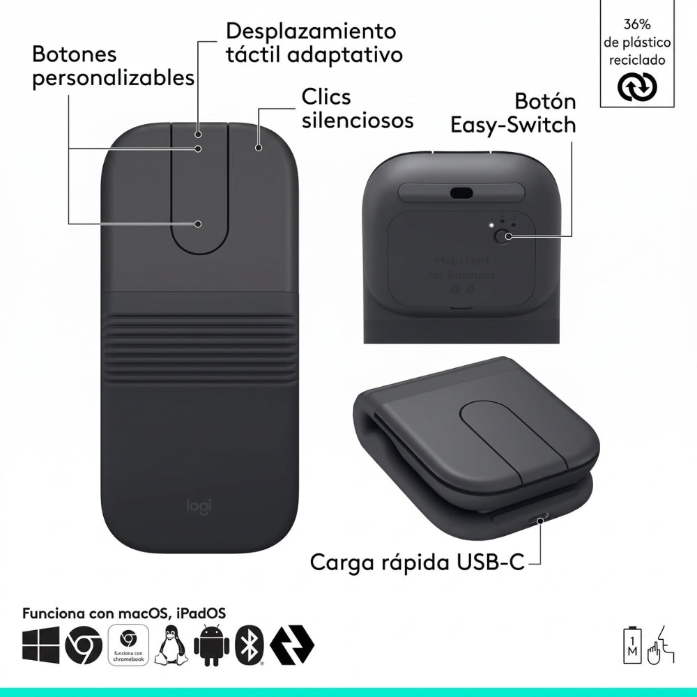 Mouse Inalámbrico Ultraportátil Logitech Mobi Fold Diseño Plegable Bluetooth 4000 DPI Smart Scroll - Grafito