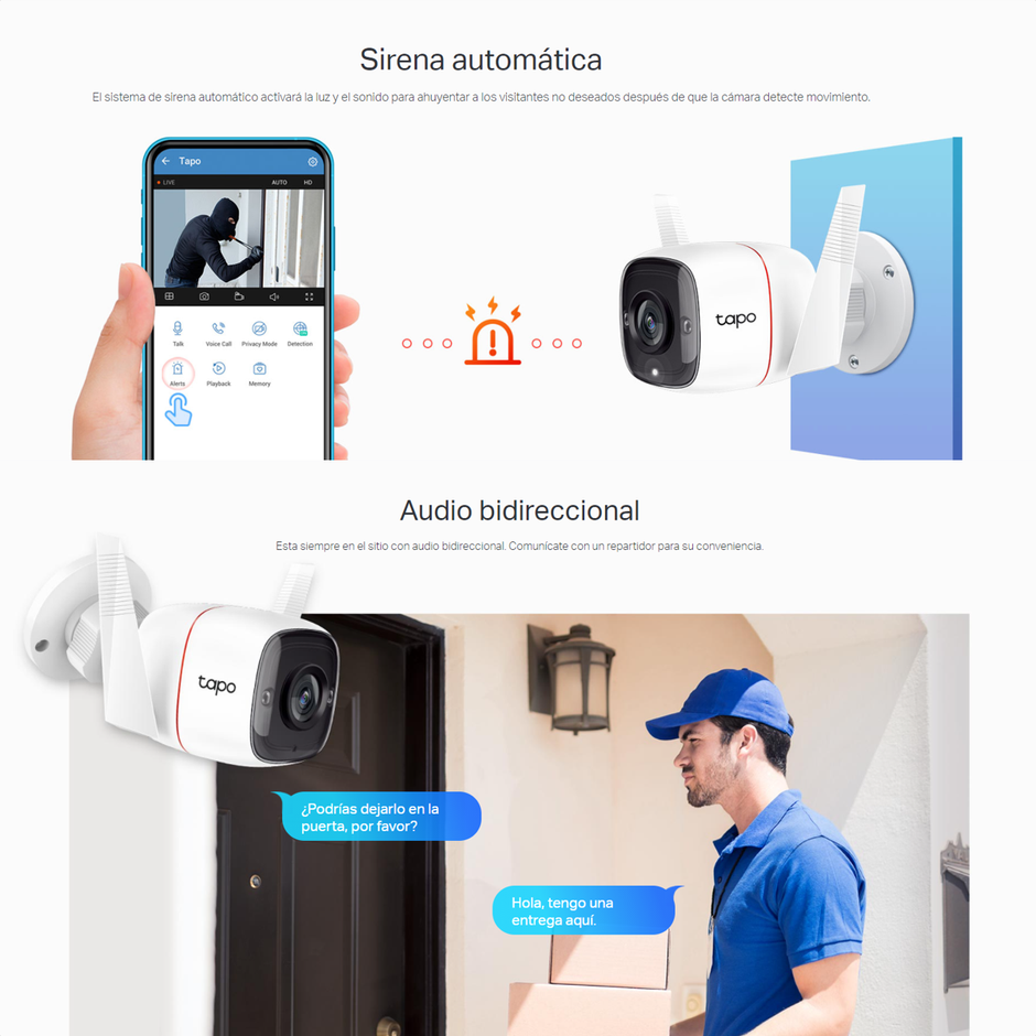 Cámara Seguridad Exterior TP-Link Tapo C310 Wi-Fi 3MP Rotación 360° IP66 Visión Nocturna y Alarma Inteligente  + Micro SD 256GB