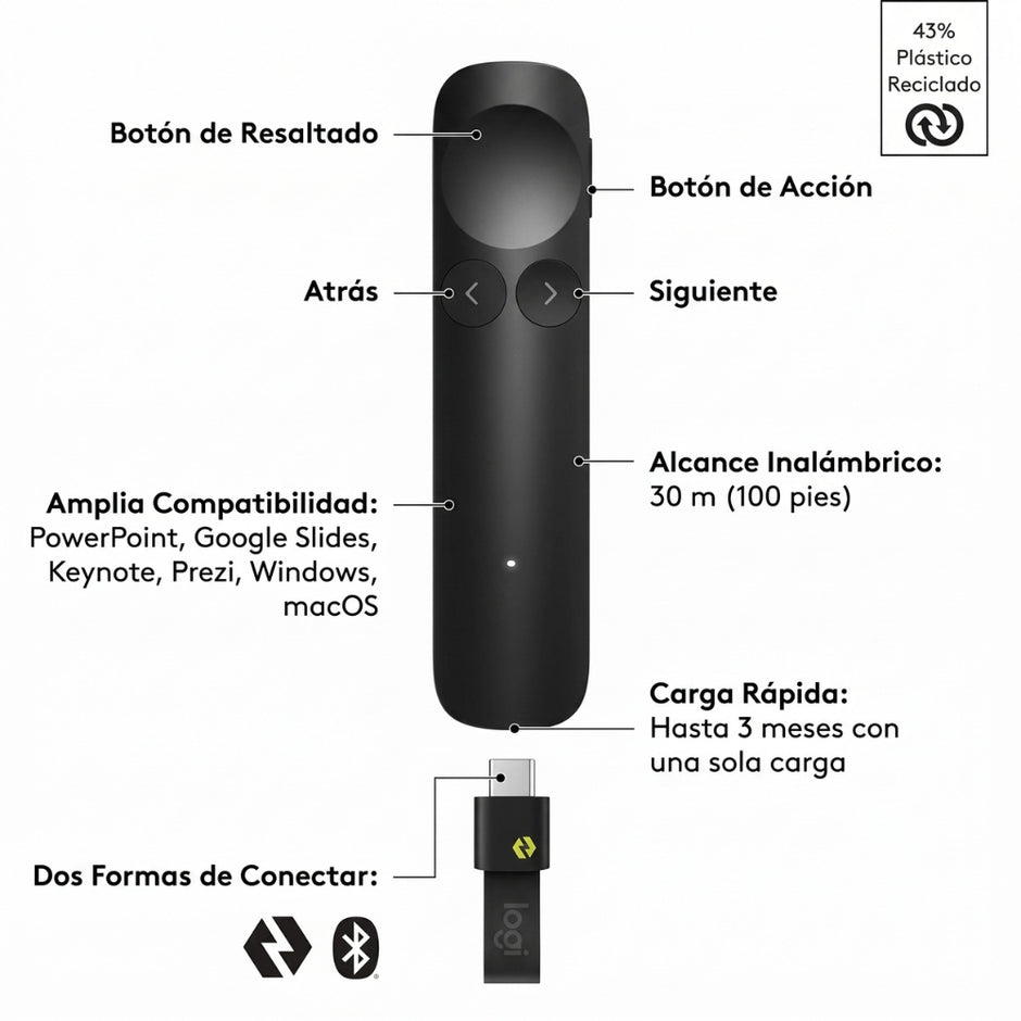 Presentador Inalambrico Logitech Spotlight 2 BT, USB-C - Negro