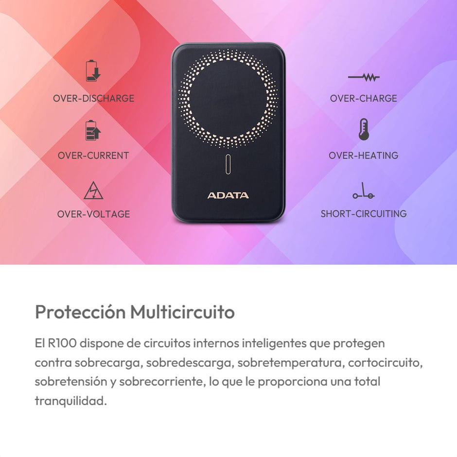 Power Bank ADATA R100 10000mAh Magnético con Carga Inalámbrica Qi y 20W USB-C PD para iPhone y Android