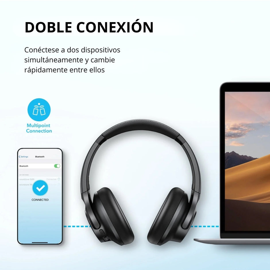 Audífonos Diadema Bluetooth Soundcore Q20i Cancelación Ruido Híbrida Hi-Res Batería ANC 40h/60h - Negro