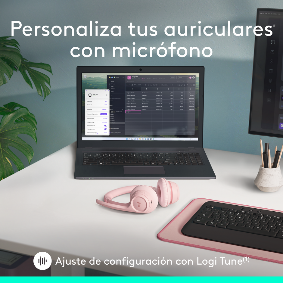 Diadema Profesional Bluetooth, Logitech Zone 300, Con Micrófono, Rosa