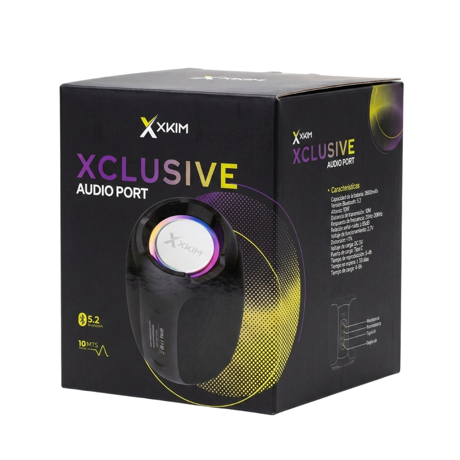 Parlante Bluetooth Portátil X-KIM XCLUSIVE AUDIO PORT TWS 10W Luces RGB MicroSD/USB/AUX/FM 3600mAh IPX5