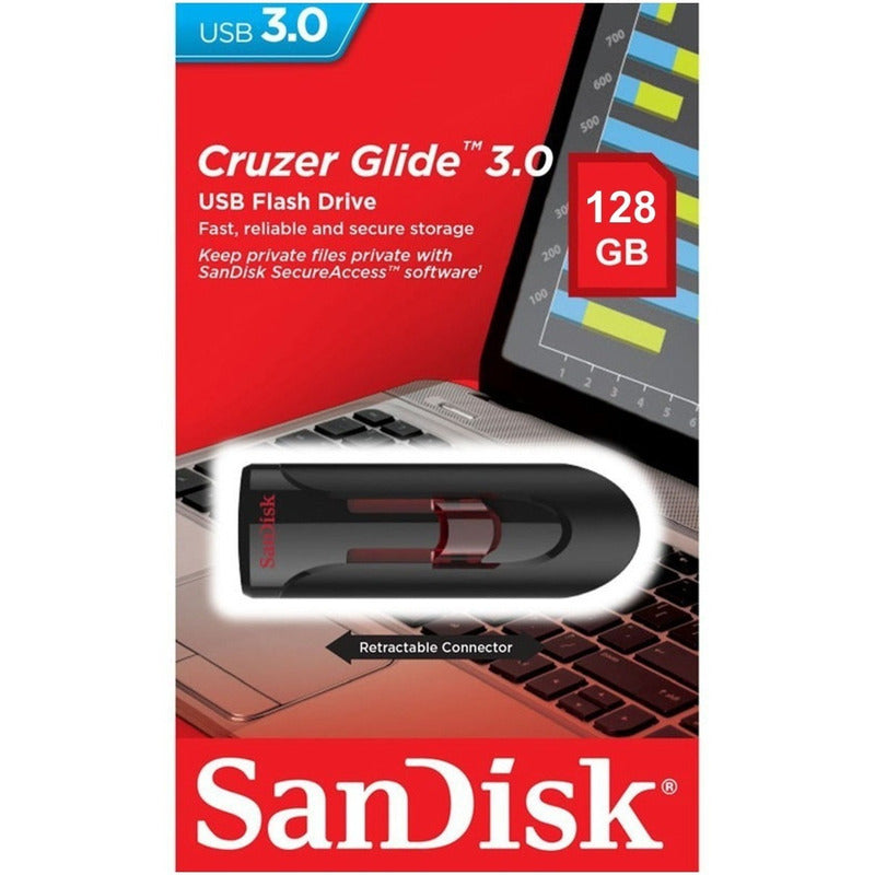 Memoria Usb 3.0 Sandisk Cruzer Glide 128gb, Diseño Retráctil