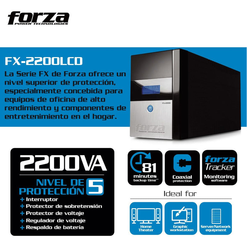 Ups Interactiva Forza Fx-2200lcd 2200va/1200w 8 Tomas ±81min Negro
