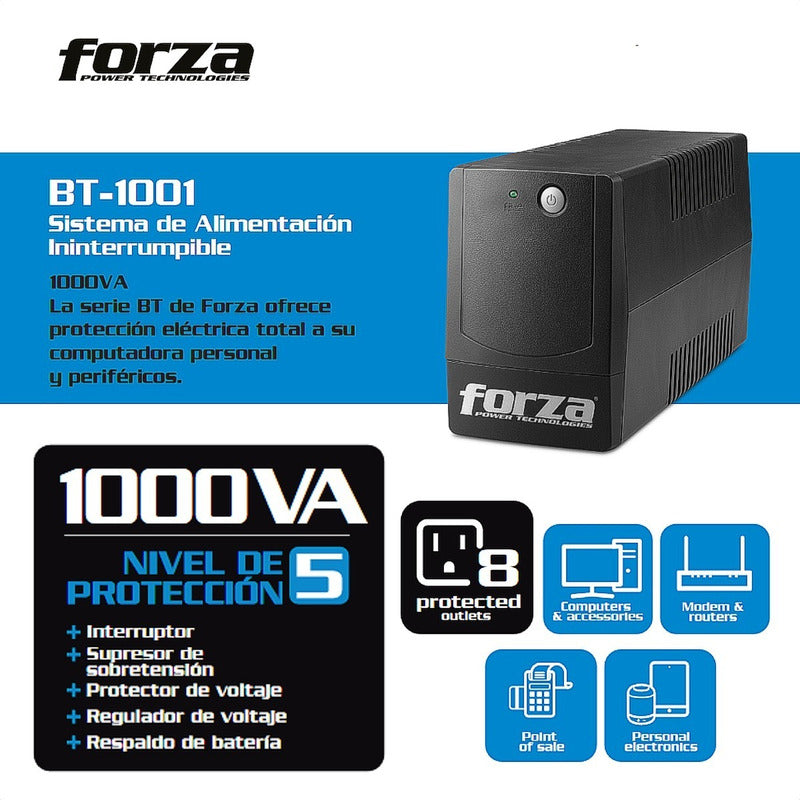 UPS Interactiva Forza BT-1001 de 1000VA/600W con 8 Tomas y Regulador